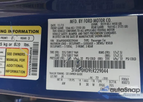 2014 Ford Fusion Se из США, поврежденный, VIN 3FA6P0HD9ER229044